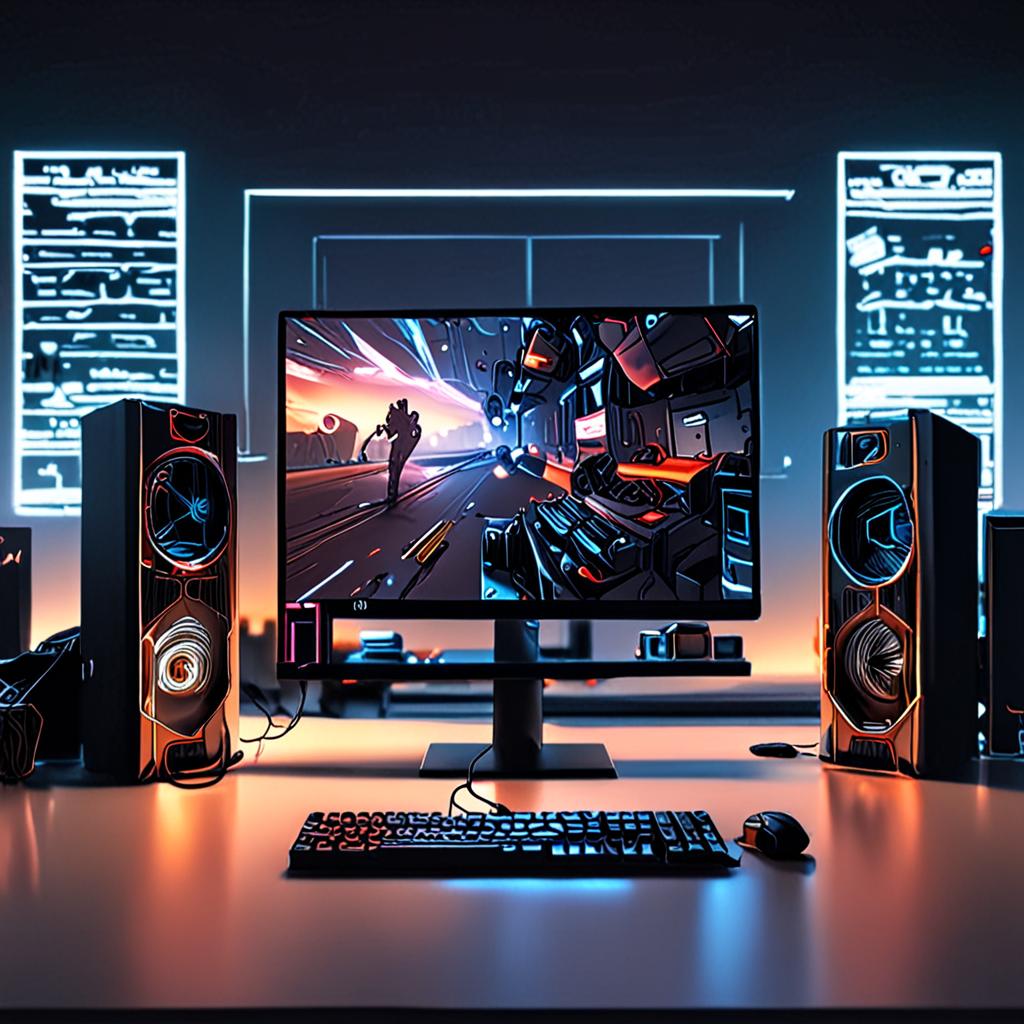 A futuristic gaming setup, with multiple screens, a high-performance gaming laptop, and a sleek, minimalist design