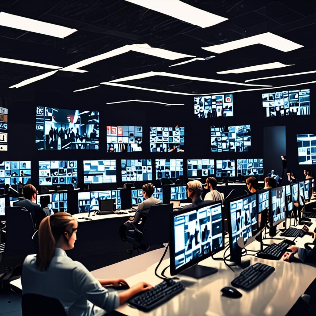 A professional, modern newsroom with journalists working on their computers, with a large screen displaying a news broadcast, 4k resolution, cinematic A professional, modern newsroom with journalists working on their computers, with a large screen displaying a news broadcast, 4k resolution, cinematic