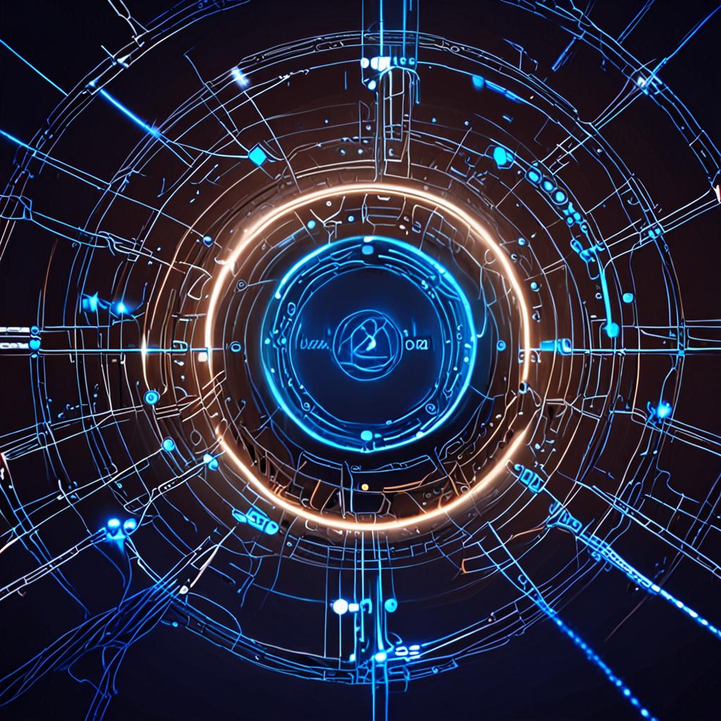 A futuristic illustration of a semantic search engine, with glowing blue circles and lines representing the connections between entities and concepts