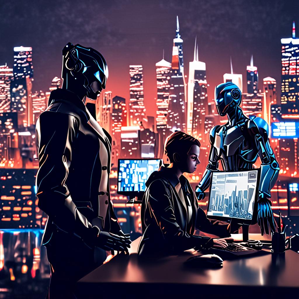 An illustration of autonomous AI agents working together to improve code quality, with a futuristic cityscape in the background