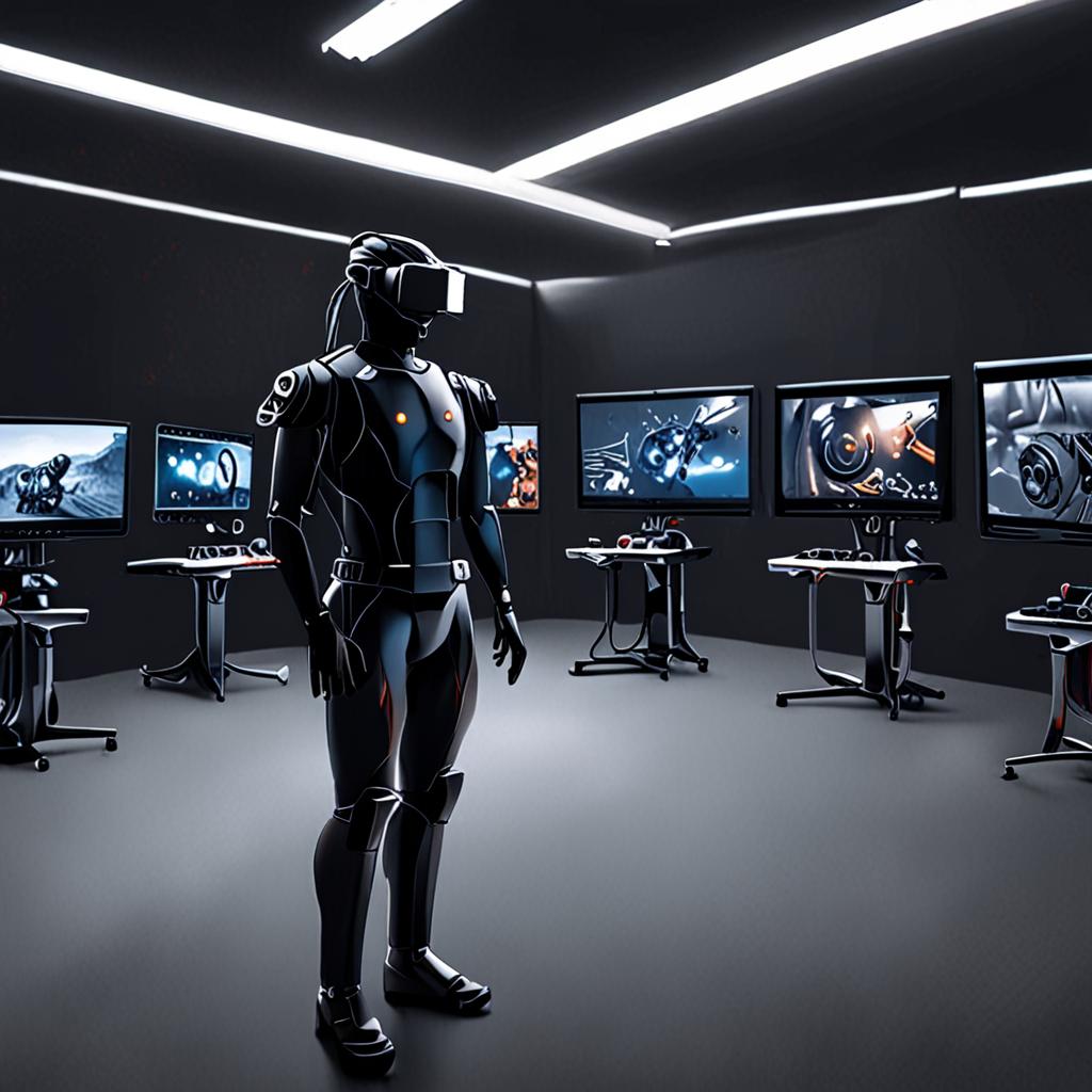 A futuristic content creation studio, filled with AI-powered tools, robots, and virtual reality equipment A futuristic content creation studio, filled with AI-powered tools, robots, and virtual reality equipment
