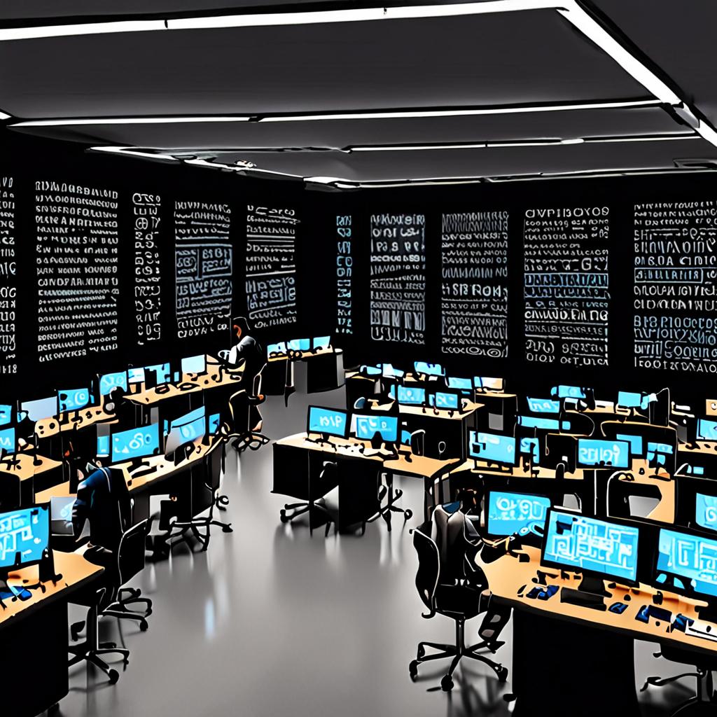 A futuristic writing laboratory with rows of computer screens displaying AI-generated text, surrounded by human writers collaborating with AI tools A futuristic writing laboratory with rows of computer screens displaying AI-generated text, surrounded by human writers collaborating with AI tools