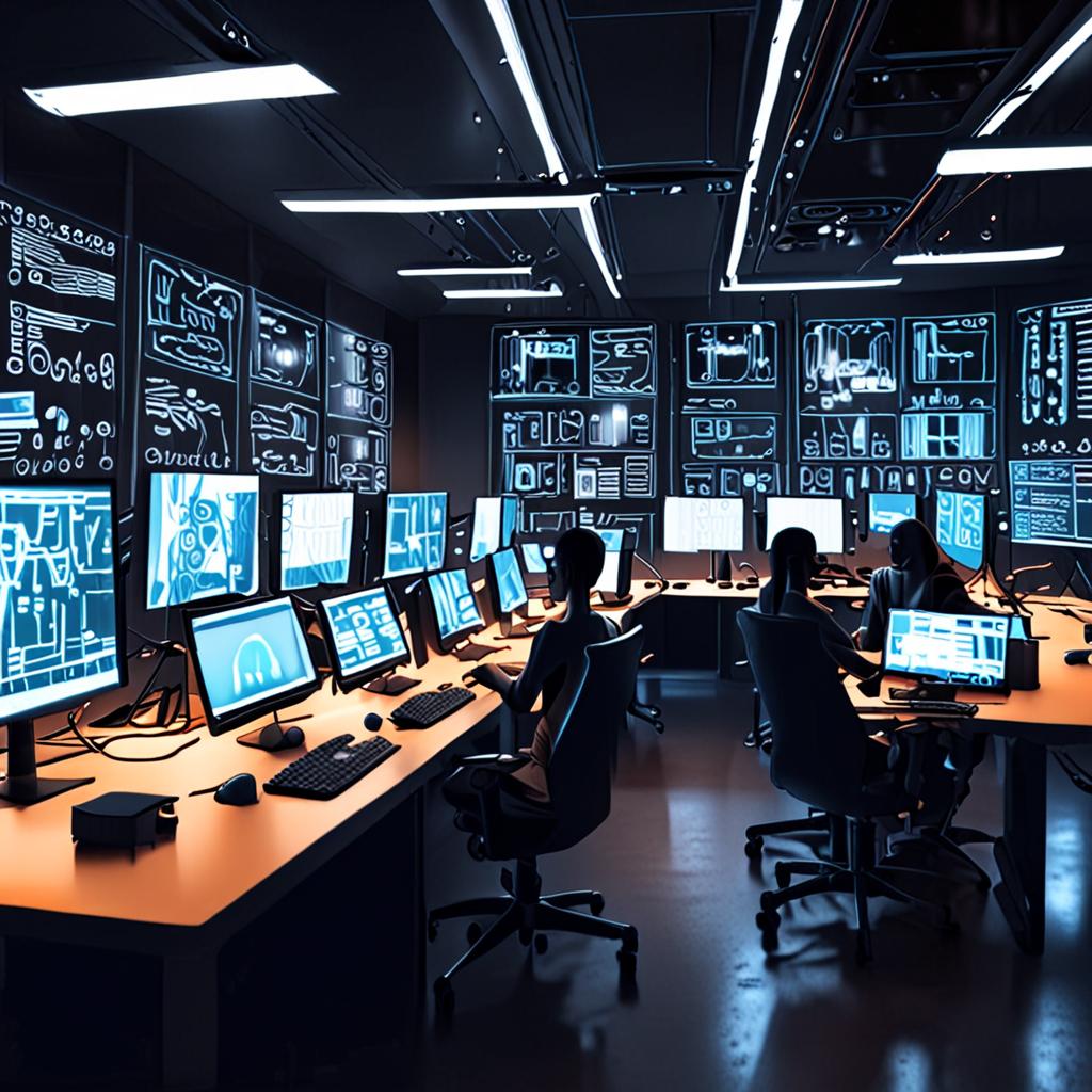 A futuristic coding laboratory with AI-powered robots collaborating with human developers, surrounded by screens displaying lines of code, 8k resolution, cinematic A futuristic coding laboratory with AI-powered robots collaborating with human developers, surrounded by screens displaying lines of code, 8k resolution, cinematic