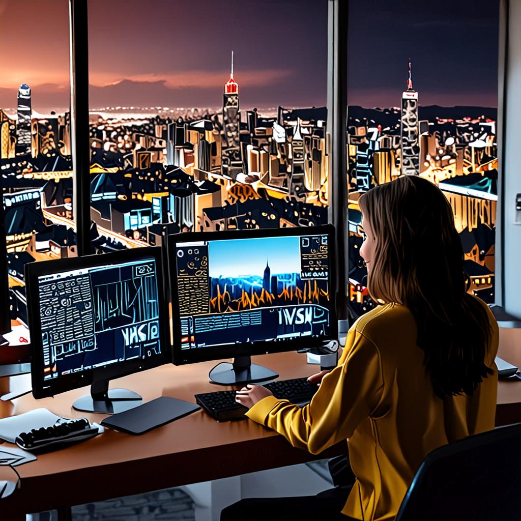 A person analyzing competitor websites on a computer screen, with a cityscape in the background A person analyzing competitor websites on a computer screen, with a cityscape in the background