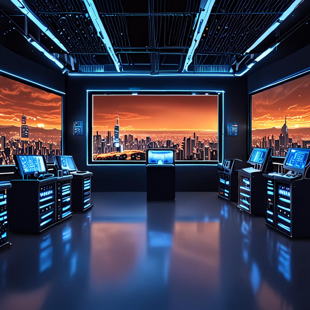 A futuristic, high-tech laboratory with rows of server racks, glowing blue circuits, and a massive screen displaying a swirling vortex of code, set against a backdrop of a cityscape at dusk, with the moon rising in the distance A futuristic, high-tech laboratory with rows of server racks, glowing blue circuits, and a massive screen displaying a swirling vortex of code, set against a backdrop of a cityscape at dusk, with the moon rising in the distance