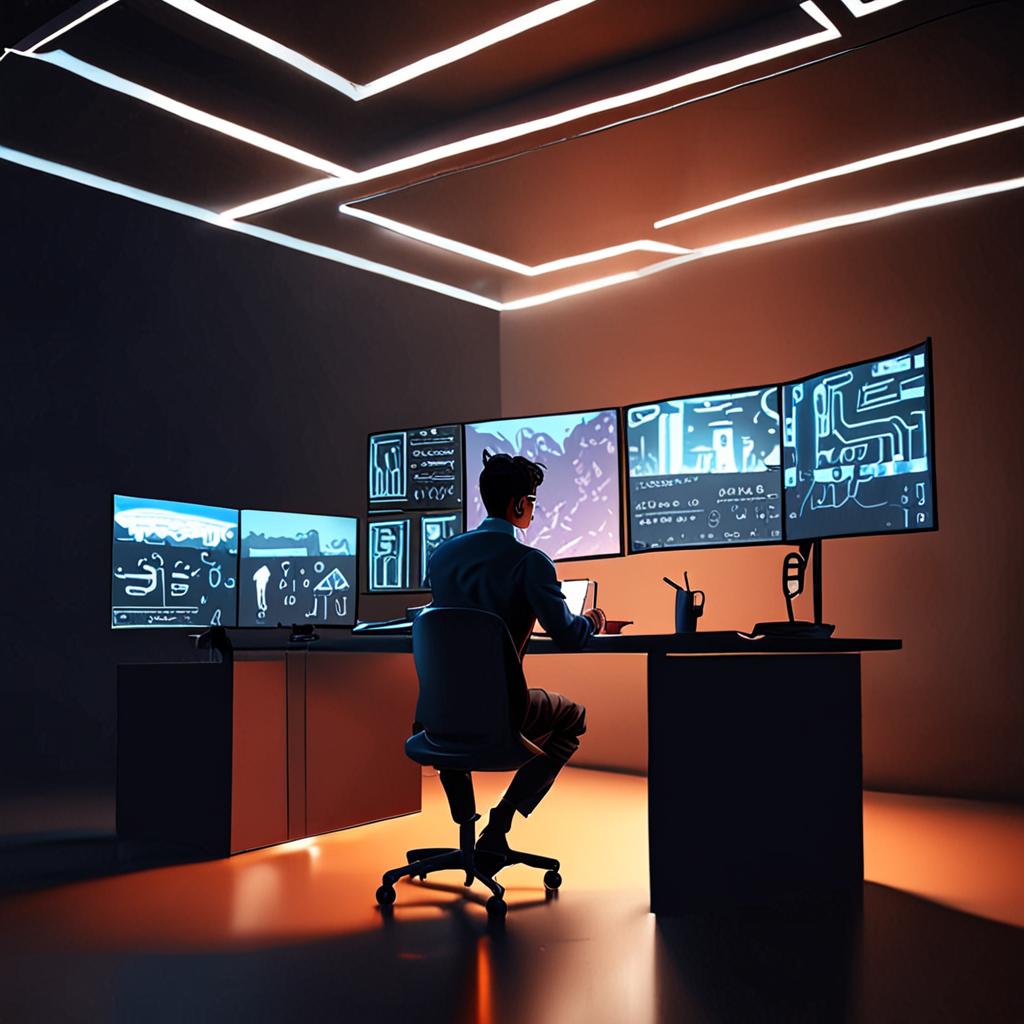 A sleek, dimly lit development suite where holographic code floats above a transparent desk, autonomous AI avatars with subtle glyphs interact with floating terminals, and a human lead observes calmly, cinematic lighting, 8K resolution A sleek, dimly lit development suite where holographic code floats above a transparent desk, autonomous AI avatars with subtle glyphs interact with floating terminals, and a human lead observes calmly, cinematic lighting, 8K resolution