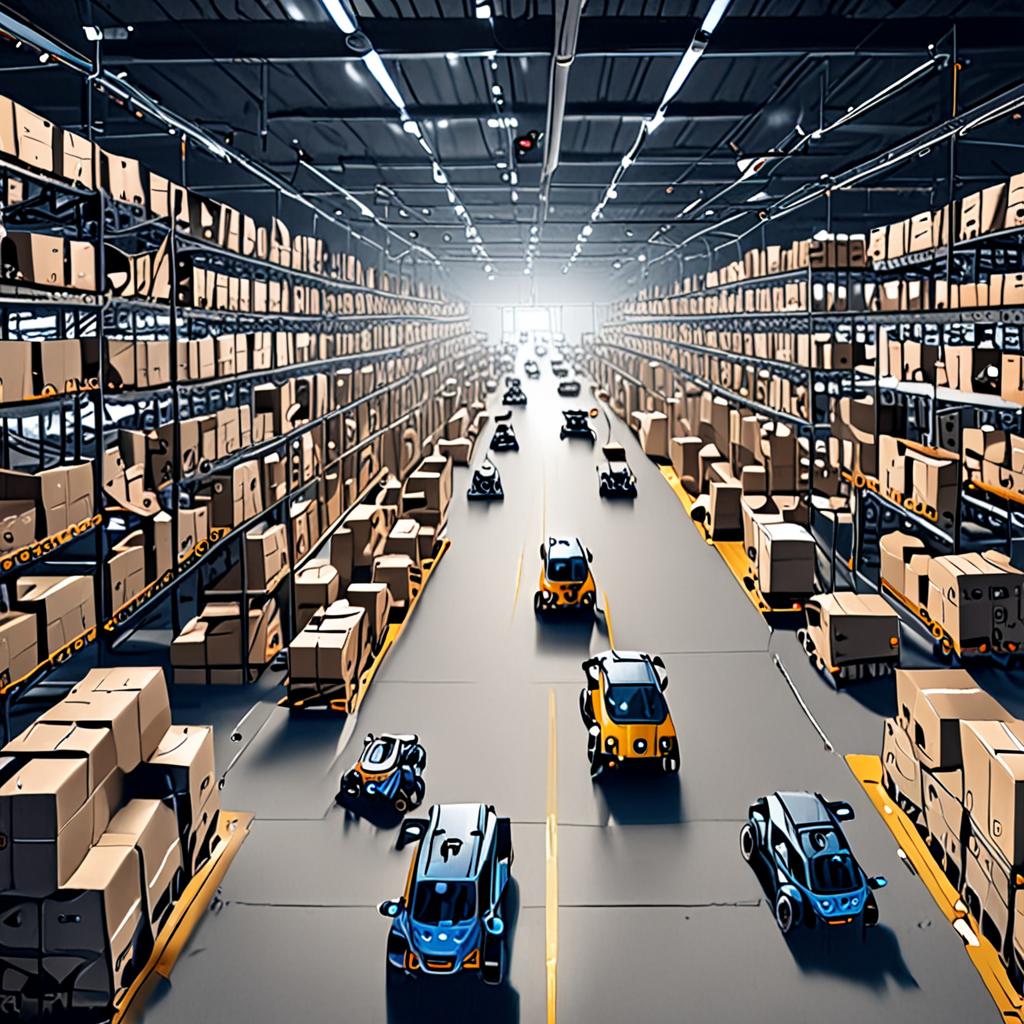 A complex, futuristic supply chain management system, with robots, drones, and autonomous vehicles moving goods, operated by a central AI system that analyzes real-time data and makes adjustments, 8k resolution, industrial A complex, futuristic supply chain management system, with robots, drones, and autonomous vehicles moving goods, operated by a central AI system that analyzes real-time data and makes adjustments, 8k resolution, industrial