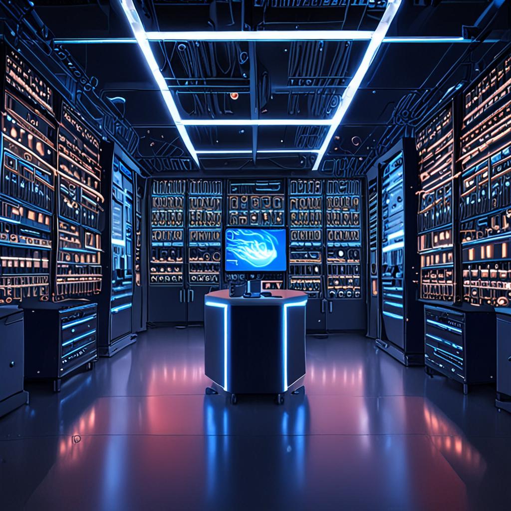 A futuristic, high-tech laboratory with rows of server racks, glowing blue circuits, and a massive screen displaying a swirling vortex of code, set against a backdrop of a cityscape at dusk, with the moon rising in the distance A futuristic, high-tech laboratory with rows of server racks, glowing blue circuits, and a massive screen displaying a swirling vortex of code, set against a backdrop of a cityscape at dusk, with the moon rising in the distance