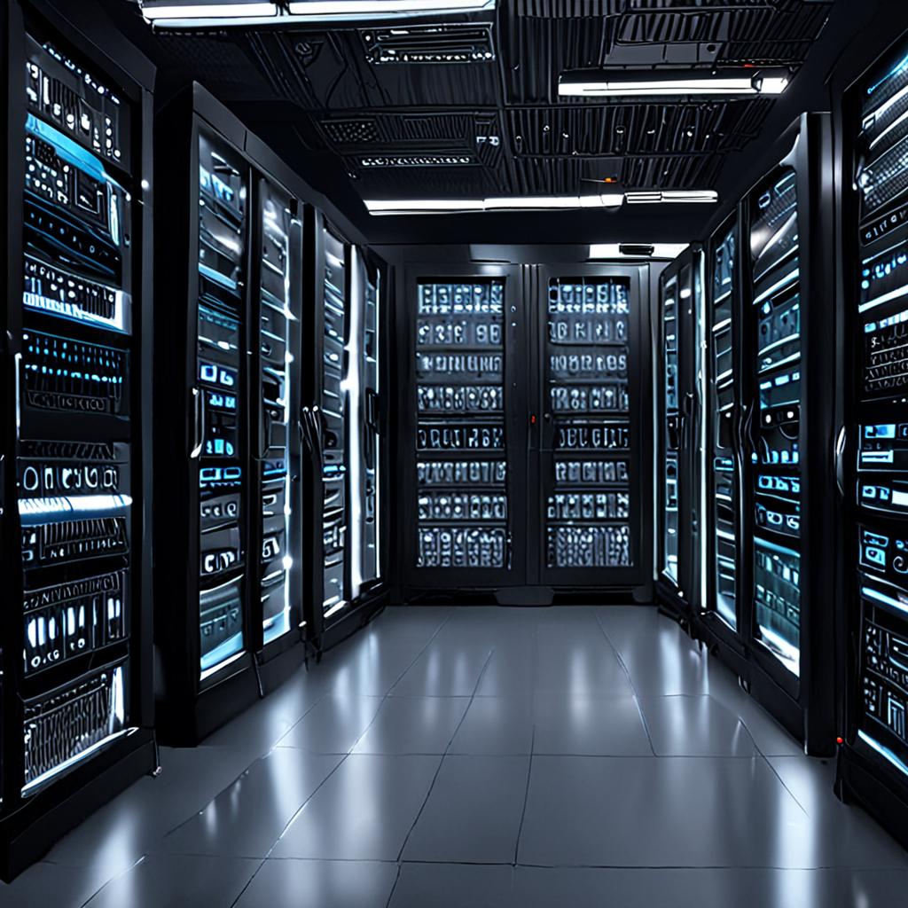 A sleek, futuristic server room with rows of humming servers, 8k resolution, cinematic. A sleek, futuristic server room with rows of humming servers, 8k resolution, cinematic.