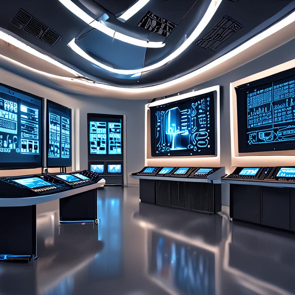A futuristic, high-tech laboratory with rows of server racks, glowing blue circuits, and a massive screen displaying a swirling vortex of code, set against a backdrop of a cityscape at dusk, with the moon rising in the distance A futuristic, high-tech laboratory with rows of server racks, glowing blue circuits, and a massive screen displaying a swirling vortex of code, set against a backdrop of a cityscape at dusk, with the moon rising in the distance