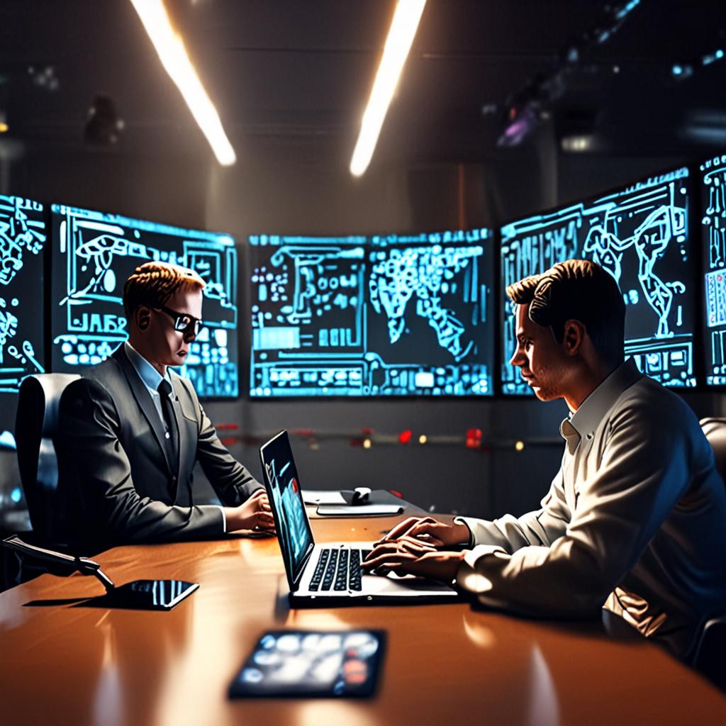 A futuristic illustration of autonomous AI agents collaborating on software development, with code snippets and algorithms in the background