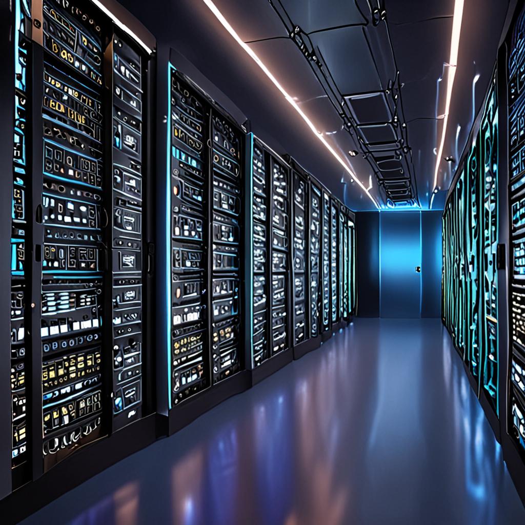 A sleek, futuristic server room filled with rows of humming servers, illuminated by blue LED lights, symbolizing the vibrant ecosystem of open-source AI development