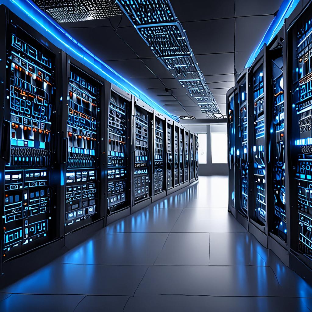 A highly cinematic futuristic server facility filled with glowing blue server racks and glass fiber optics, representing high-throughput neural computing infrastructure, photorealistic 8k. A highly cinematic futuristic server facility filled with glowing blue server racks and glass fiber optics, representing high-throughput neural computing infrastructure, photorealistic 8k.
