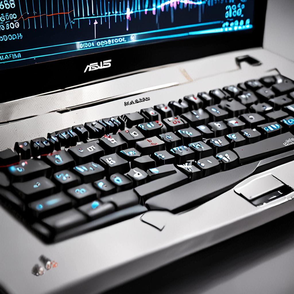 A close-up of the ASUS TUG laptop's keyboard, with illuminated keys and a sleek, futuristic design