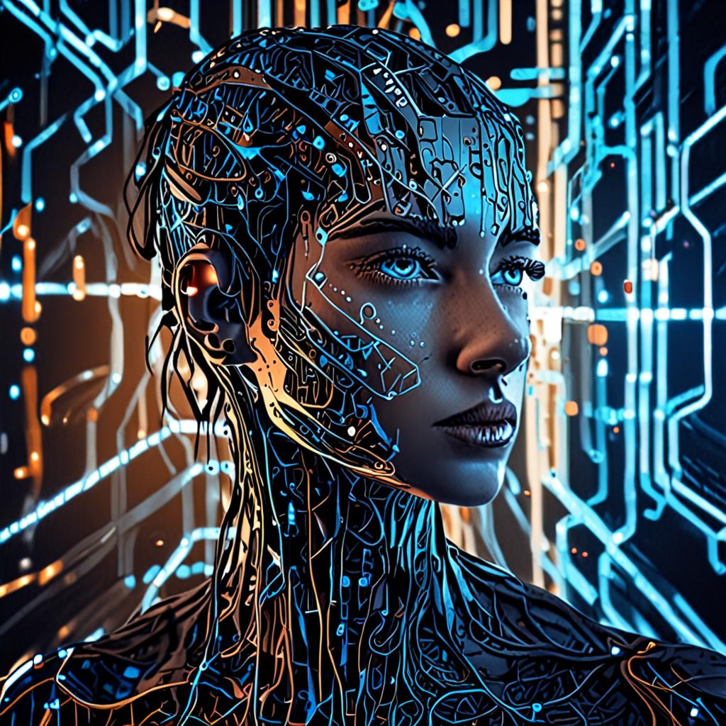 A futuristic neural network processing vast amounts of data, with glowing blue lines and circuits