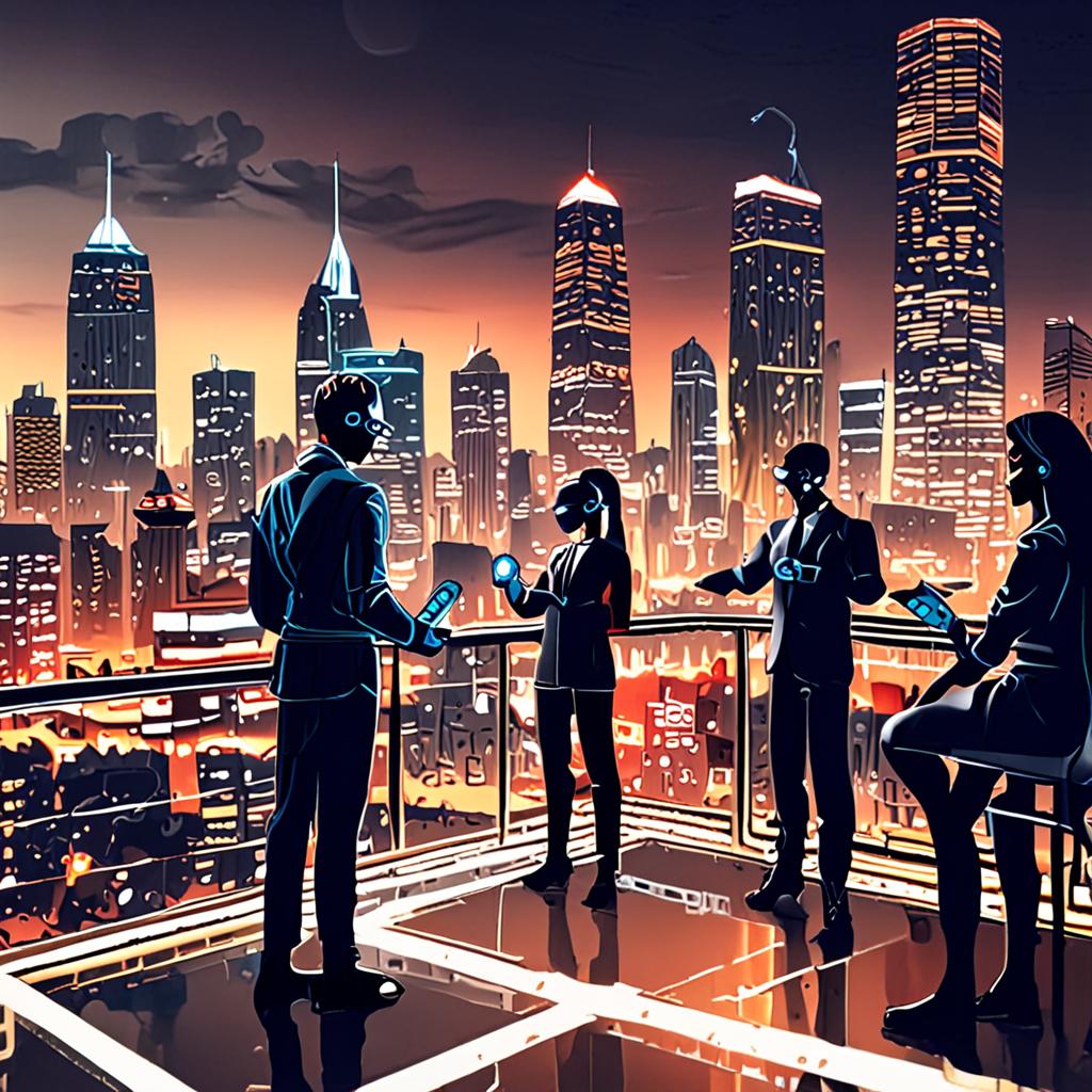 An illustration of autonomous AI agents working together to improve DevOps practices, with a cityscape in the background