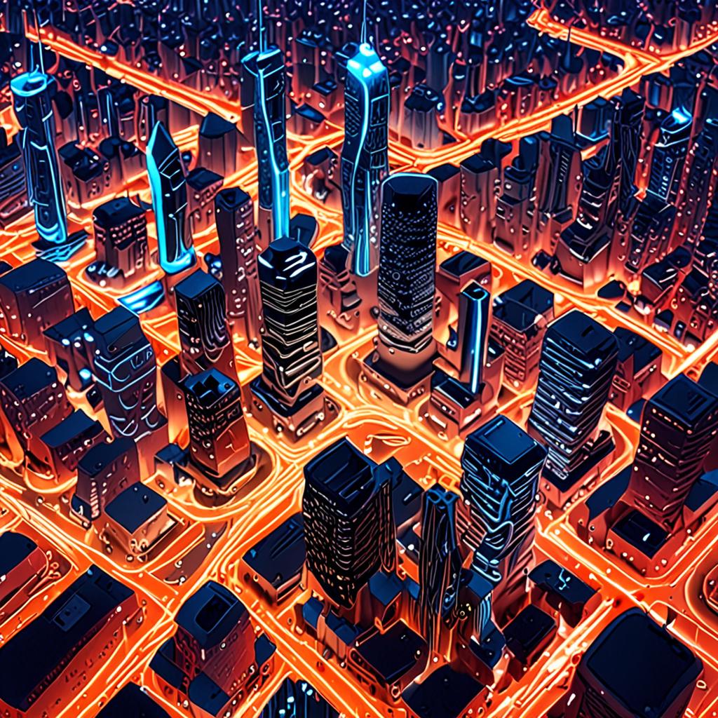 A futuristic cityscape with sleek skyscrapers and neon lights, surrounded by a complex network of fiber-optic cables and servers A futuristic cityscape with sleek skyscrapers and neon lights, surrounded by a complex network of fiber-optic cables and servers