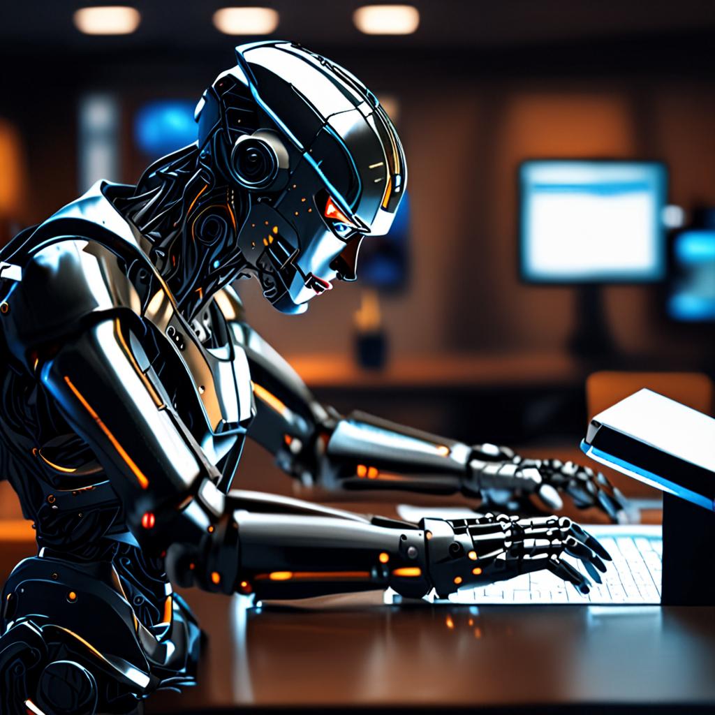 A student working on a project, with a futuristic AI-powered robot in the background, representing the potential of AI in real-world applications A student working on a project, with a futuristic AI-powered robot in the background, representing the potential of AI in real-world applications