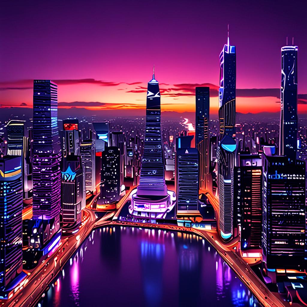 A futuristic, high-tech cityscape at night, with massive, curved Samsung S24FE displays mounted on skyscrapers, showcasing vibrant, immersive images and videos, under a starry, purple-lit sky, 8k resolution, cinematic