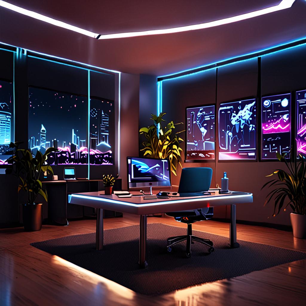 A futuristic office with a holographic AI interface generating a website in real time, neon accents, high‑tech ambience, 8k cinematic A futuristic office with a holographic AI interface generating a website in real time, neon accents, high‑tech ambience, 8k cinematic