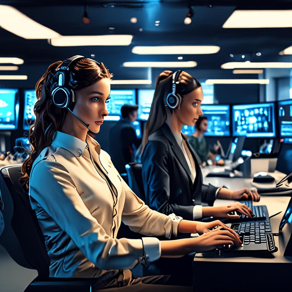 A futuristic customer support center with chatbots and human representatives working together, 4k resolution, cinematic