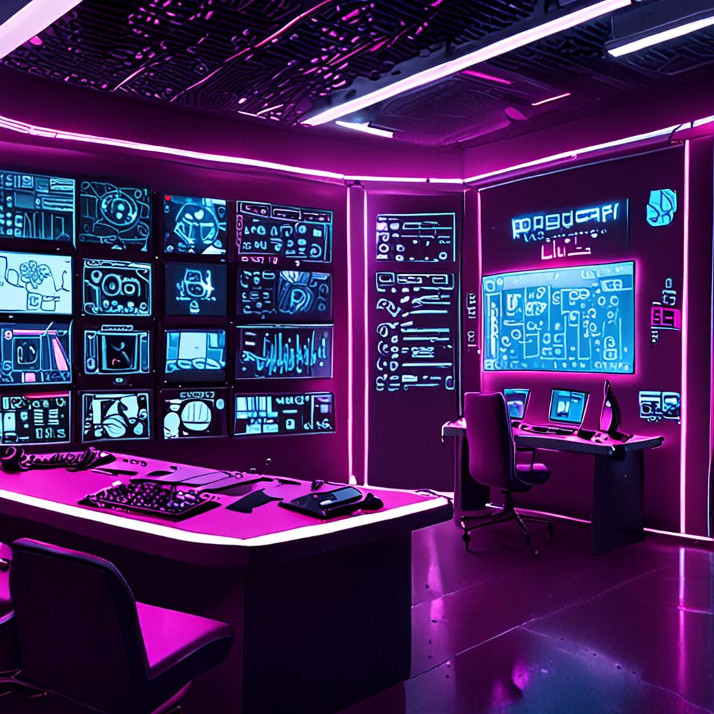 A futuristic control room where multiple autonomous AI agent avatars interact via holographic flowcharts, negotiating task allocation in real time, with a central core displaying a glowing proof‑certificate for a newly generated module, cyber‑punk aesthetic with vivid magenta and blue lighting A futuristic control room where multiple autonomous AI agent avatars interact via holographic flowcharts, negotiating task allocation in real time, with a central core displaying a glowing proof‑certificate for a newly generated module, cyber‑punk aesthetic with vivid magenta and blue lighting