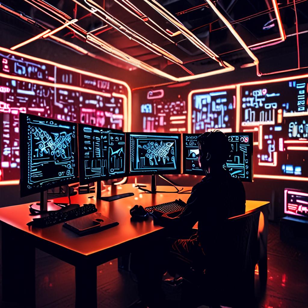 A futuristic, neon-lit coding environment with a developer working on an AI-driven website builder, surrounded by screens displaying lines of code and graphical user interfaces, 8k resolution, cinematic. A futuristic, neon-lit coding environment with a developer working on an AI-driven website builder, surrounded by screens displaying lines of code and graphical user interfaces, 8k resolution, cinematic.