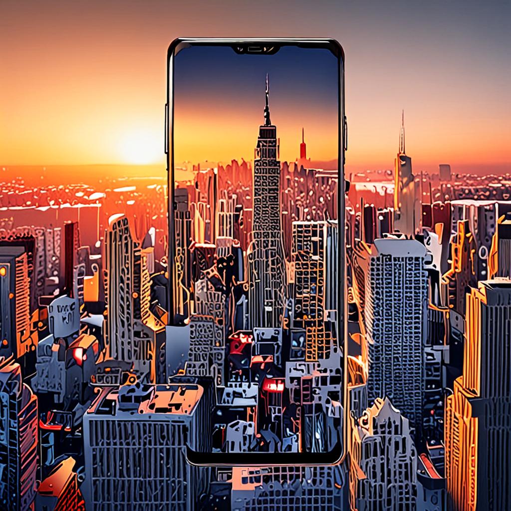 A close-up of the Samsung S24FE display, showcasing its sleek, minimalist design and stunning 8K resolution, with a cityscape at sunset in the background, warm golden light reflecting off the screen