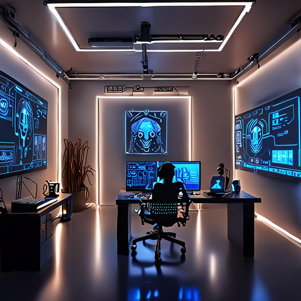 A futuristic developer’s workspace bathed in cool blue light, transparent OLED screens showing streaming token probabilities, a holographic chatbot avatar floating above a mechanical keyboard, and schematics of neural networks projected onto the wall, ultra‑realistic 8k A futuristic developer’s workspace bathed in cool blue light, transparent OLED screens showing streaming token probabilities, a holographic chatbot avatar floating above a mechanical keyboard, and schematics of neural networks projected onto the wall, ultra‑realistic 8k