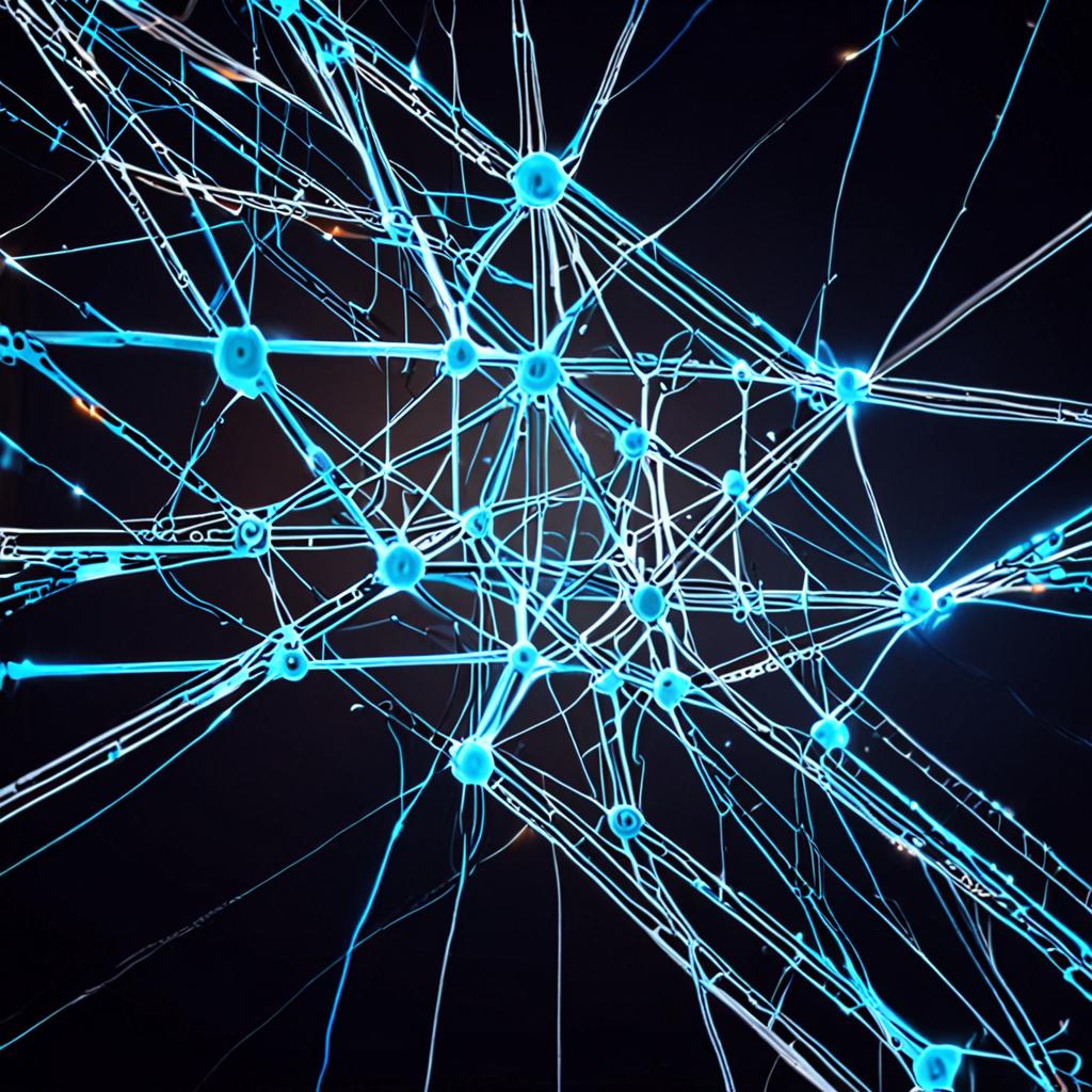 A futuristic neural network diagram with glowing blue lines and nodes, representing the complex relationships between AI and ML technologies A futuristic neural network diagram with glowing blue lines and nodes, representing the complex relationships between AI and ML technologies