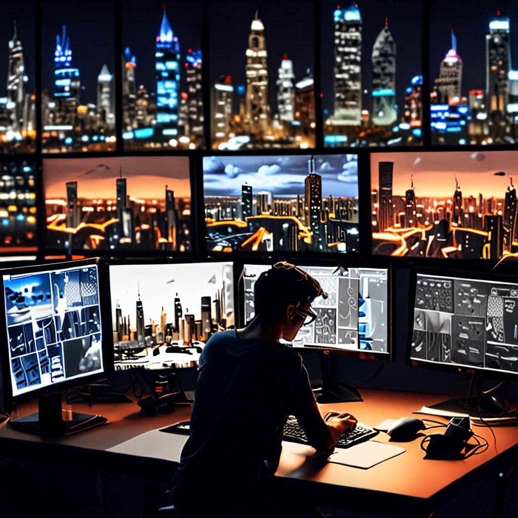 a student working on a project, surrounded by screens displaying AI-powered tools and a cityscape in the background a student working on a project, surrounded by screens displaying AI-powered tools and a cityscape in the background