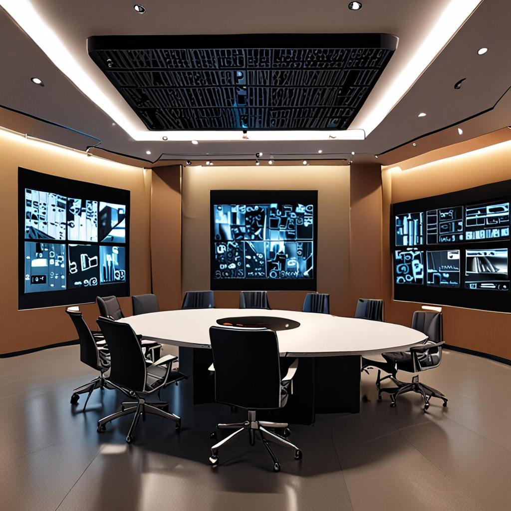 A sleek, minimalist conference room with a large, circular table, where humans and robots engage in a heated discussion, surrounded by screens displaying real-time market data and AI-driven analytics, 4k resolution, corporate A sleek, minimalist conference room with a large, circular table, where humans and robots engage in a heated discussion, surrounded by screens displaying real-time market data and AI-driven analytics, 4k resolution, corporate
