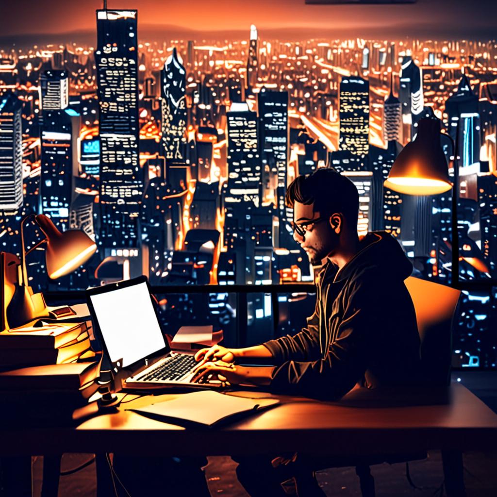 A photo of a B.Tech CSE student working on a project, surrounded by coding books and laptops, with a cityscape in the background, representing the fusion of technology and innovation A photo of a B.Tech CSE student working on a project, surrounded by coding books and laptops, with a cityscape in the background, representing the fusion of technology and innovation