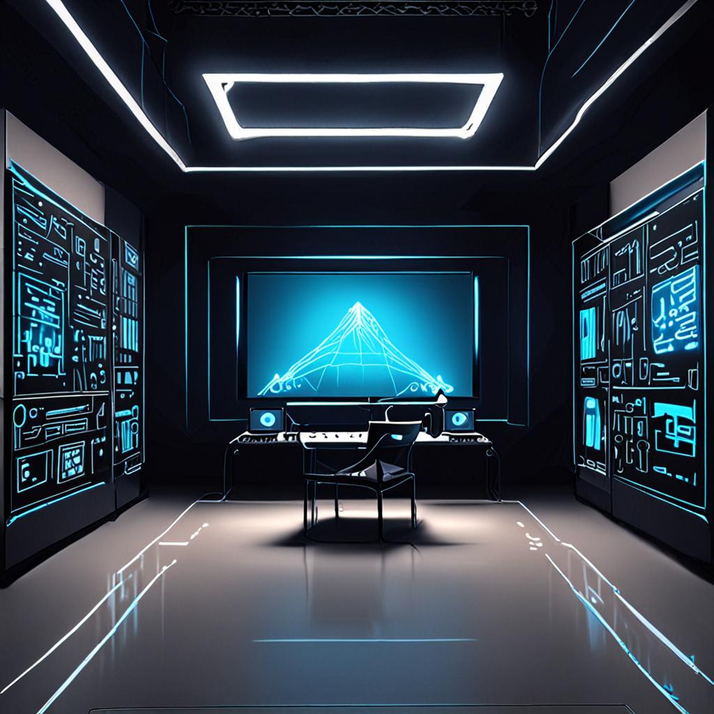 A futuristic neural network editorial studio with holographic high-density data visualizations, glowing cyan code streams, floating camera blueprints, cyber-noir tone, 8k cinematic standard. A futuristic neural network editorial studio with holographic high-density data visualizations, glowing cyan code streams, floating camera blueprints, cyber-noir tone, 8k cinematic standard.