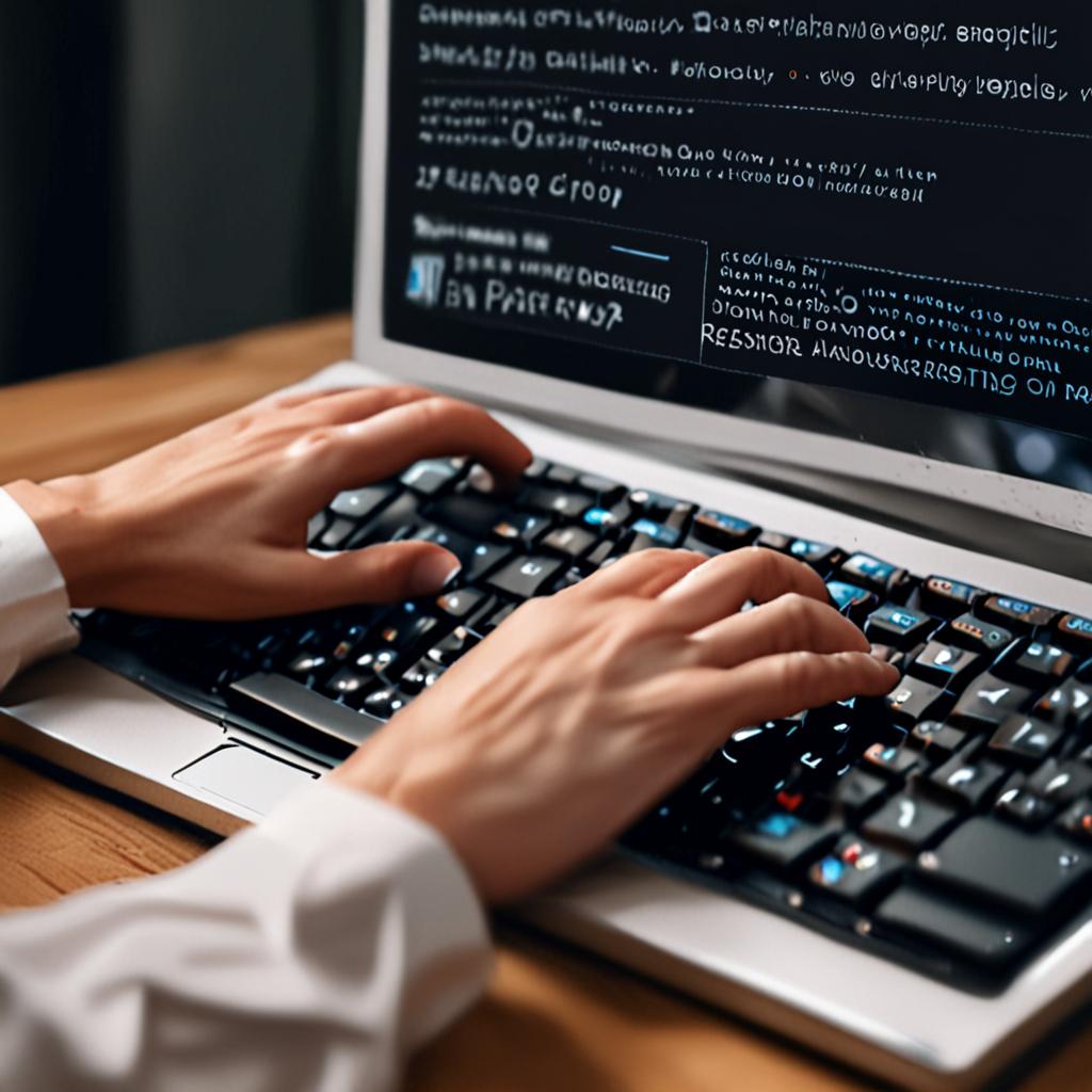 A close-up of a person's hands typing away on a keyboard, with a search engine results page (SERP) in the background, highlighting the importance of keyword research in on-page SEO, 1080p resolution, natural light
