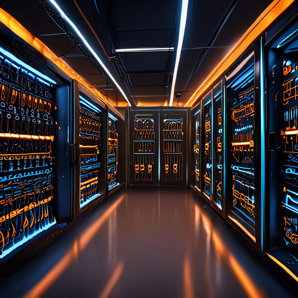 A stark futuristic server room with glowing blue and amber light pipes representing data flow and synthetic content pipelines, photorealistic, ultra-detailed, cinematic depth of field A stark futuristic server room with glowing blue and amber light pipes representing data flow and synthetic content pipelines, photorealistic, ultra-detailed, cinematic depth of field