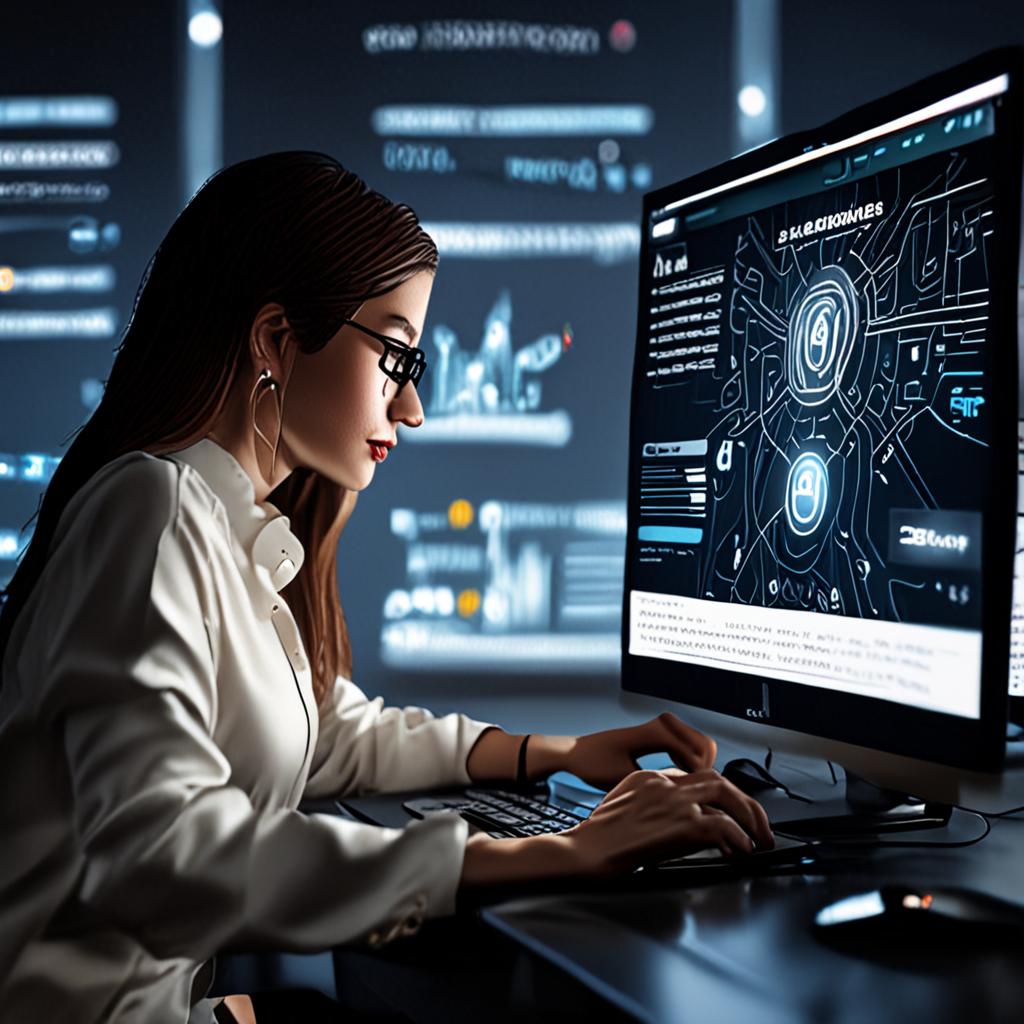 A futuristic illustration of a person optimizing their website for search engines, with a focus on keyword research and link building