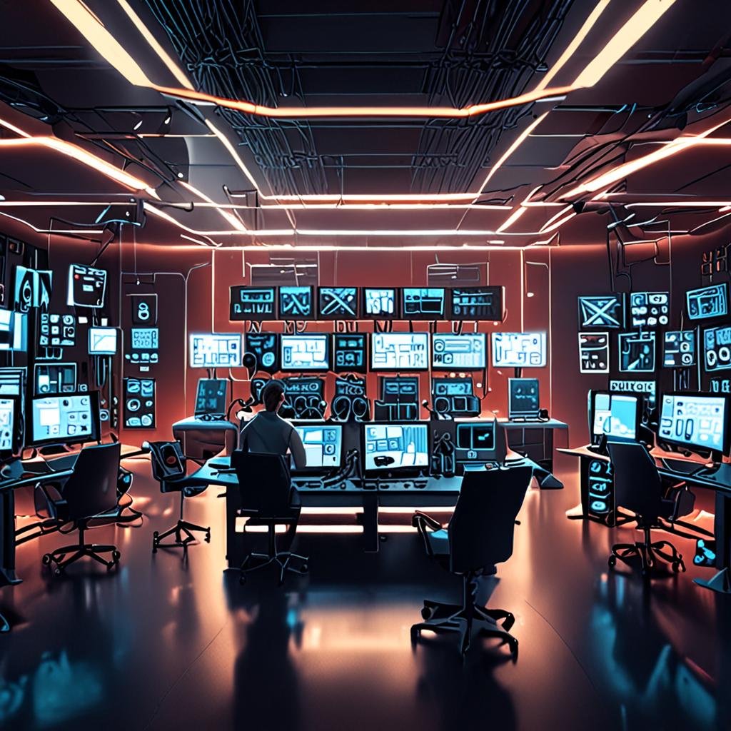 a futuristic, high-tech laboratory with a team of audio engineers and neuroscientists working on Souddrum P, surrounded by sleek, silver equipment and futuristic, neon-lit interfaces