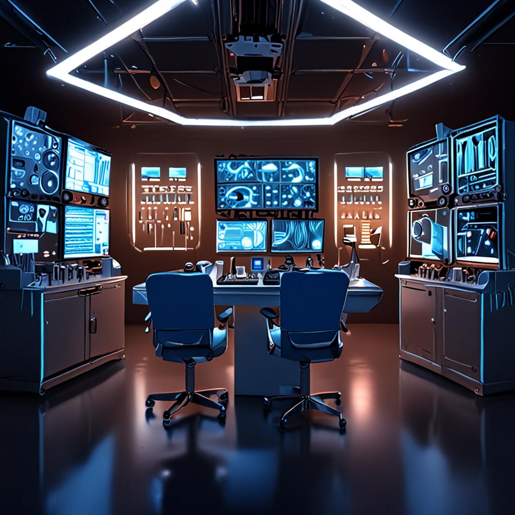 A futuristic, high-tech laboratory with a massive, curved Samsung S24FE display glowing in the center, surrounded by sleek, silver machinery and fiber-optic cables, under a dim, blue-lit ambiance, 8k resolution, cinematic