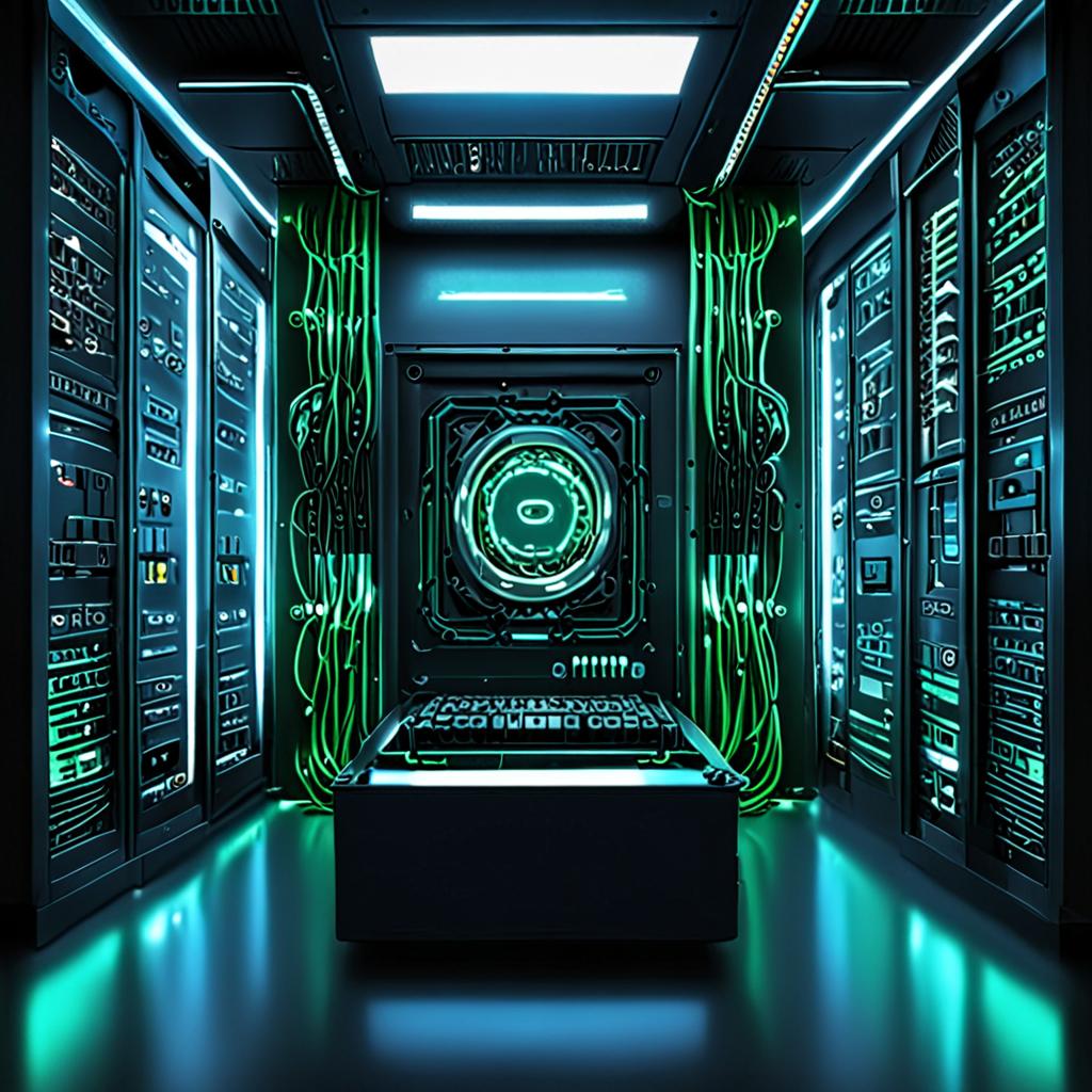 A futuristic neural processor server facility powered by liquid-cooling systems, glowing green and cyan fiber cables, hyper-realistic, dark noir cinematic studio light. A futuristic neural processor server facility powered by liquid-cooling systems, glowing green and cyan fiber cables, hyper-realistic, dark noir cinematic studio light.