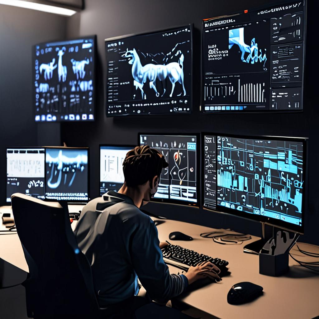 A developer working on a project with Llama 3 and Gemini integrations, surrounded by screens displaying code and AI-generated content A developer working on a project with Llama 3 and Gemini integrations, surrounded by screens displaying code and AI-generated content