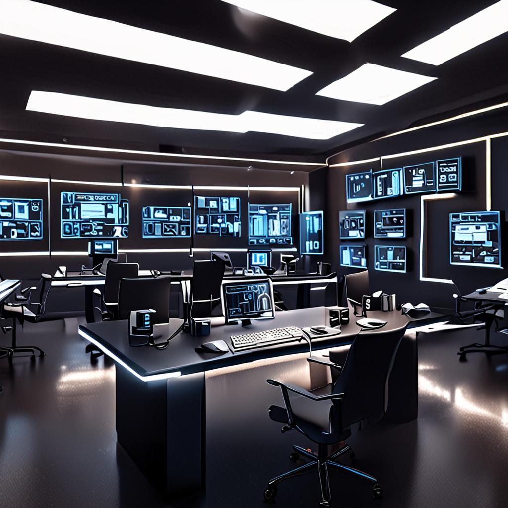 A futuristic dimly-lit newsroom with glowing holographic text interfaces floating above sleek dark obsidian desks, high-tech journalism ambiance, 8k resolution, cinematic atmosphere A futuristic dimly-lit newsroom with glowing holographic text interfaces floating above sleek dark obsidian desks, high-tech journalism ambiance, 8k resolution, cinematic atmosphere