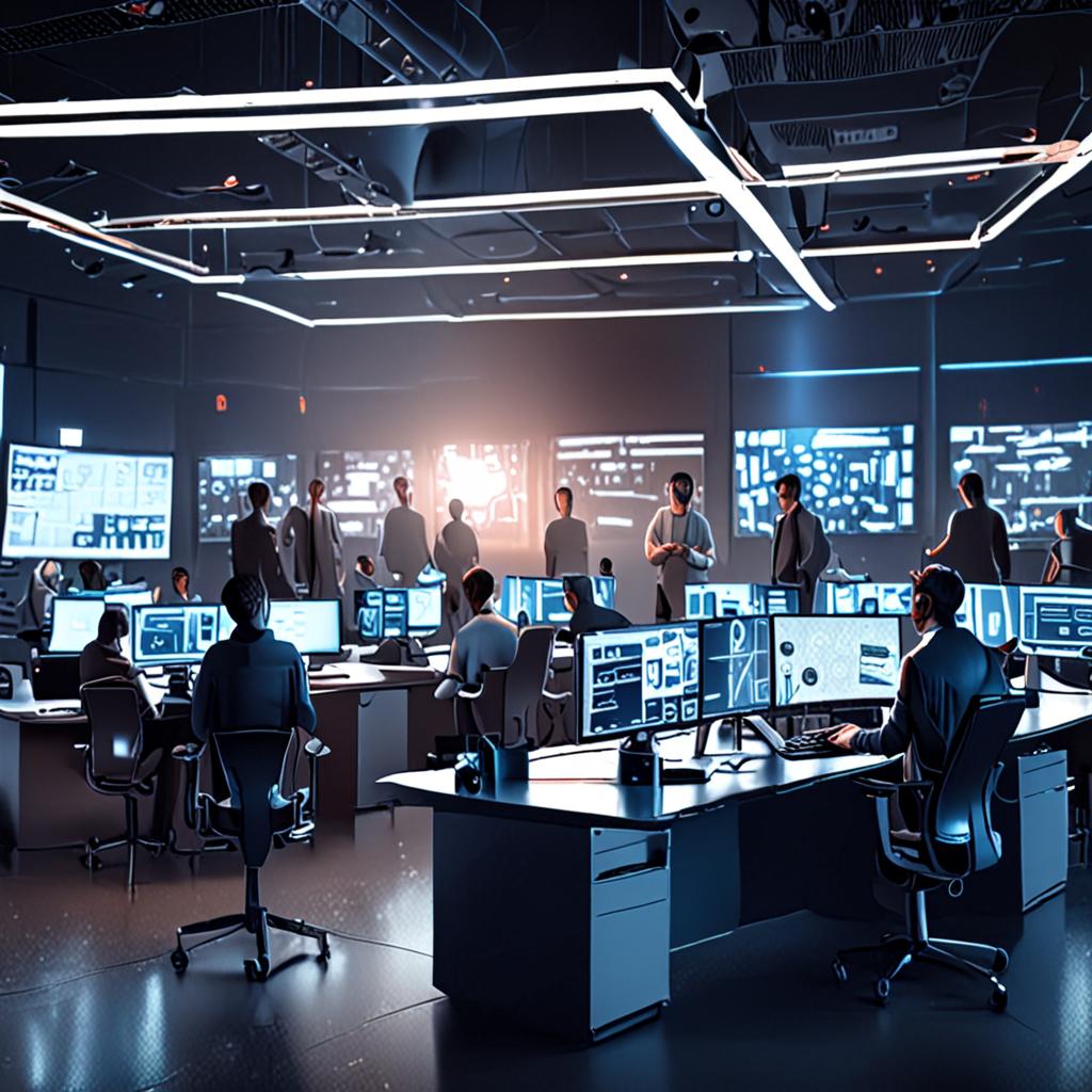 A depiction of a futuristic newsroom, with human writers and AI writing systems working together to create high-quality content A depiction of a futuristic newsroom, with human writers and AI writing systems working together to create high-quality content