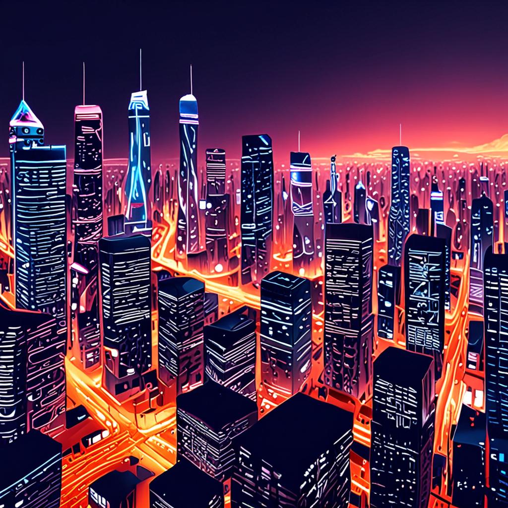 A futuristic cityscape at night with neon lights reflecting the symbiosis of human and artificial intelligence A futuristic cityscape at night with neon lights reflecting the symbiosis of human and artificial intelligence