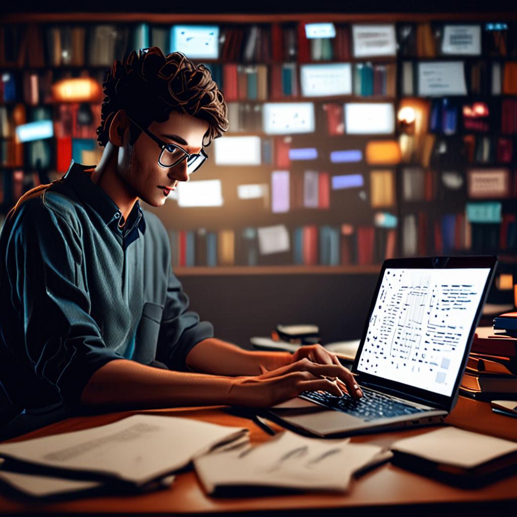 A student working on a laptop, surrounded by books and notes, with a futuristic AI-powered learning platform on the screen A student working on a laptop, surrounded by books and notes, with a futuristic AI-powered learning platform on the screen