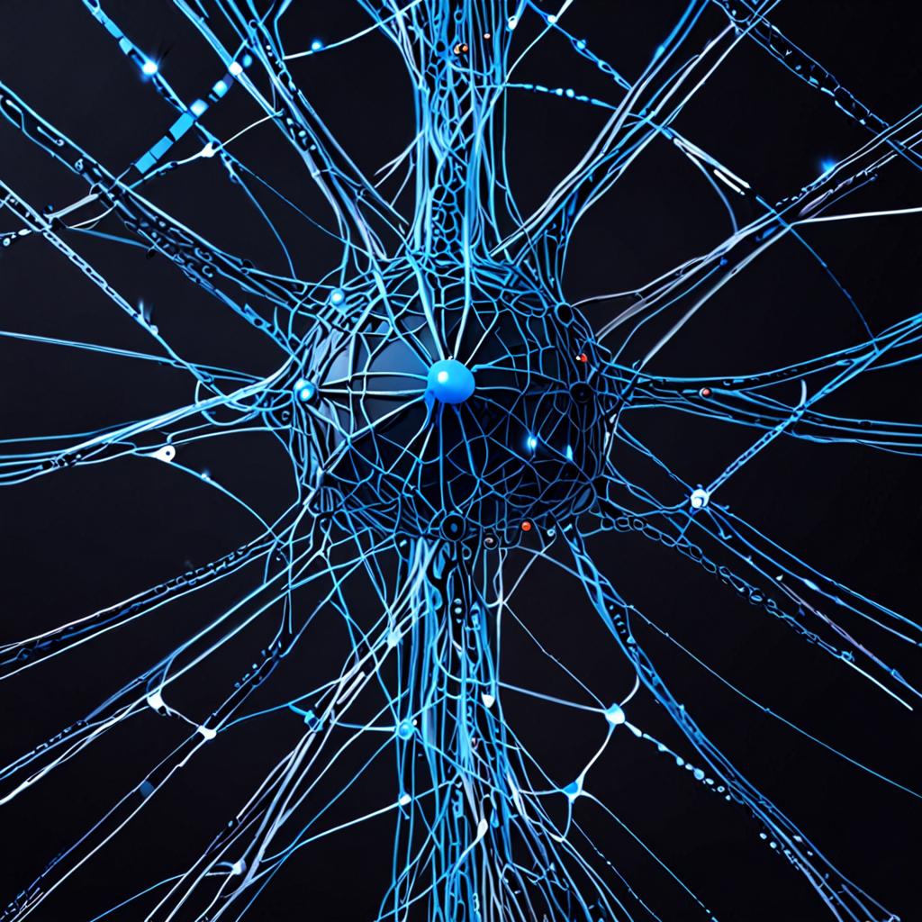 A futuristic illustration of a neural network, with glowing blue lines and circles representing the connections between data points and algorithms