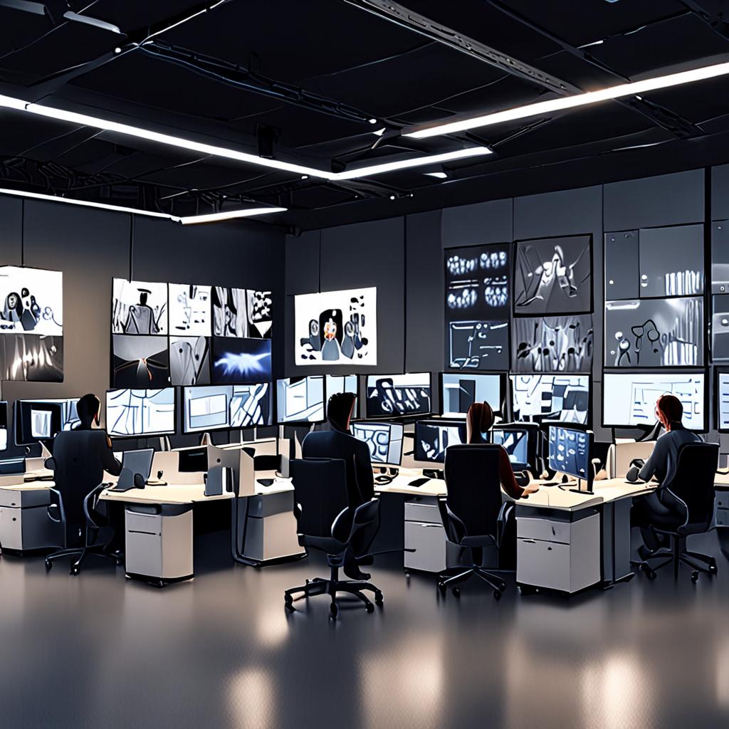 An inspiring office environment where humans collaborate harmoniously with AI systems, showcasing screens with data analytics and AI tools in action. An inspiring office environment where humans collaborate harmoniously with AI systems, showcasing screens with data analytics and AI tools in action.