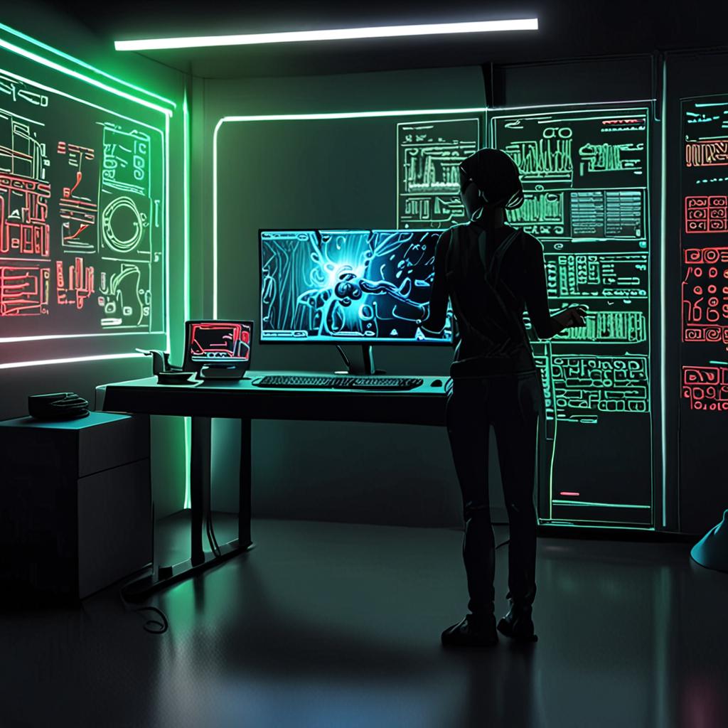 A transparent holographic console displaying streams of code, test results flashing green and red, with a robotic arm inserting a corrected module into a running application, all bathed in neon cyan light A transparent holographic console displaying streams of code, test results flashing green and red, with a robotic arm inserting a corrected module into a running application, all bathed in neon cyan light