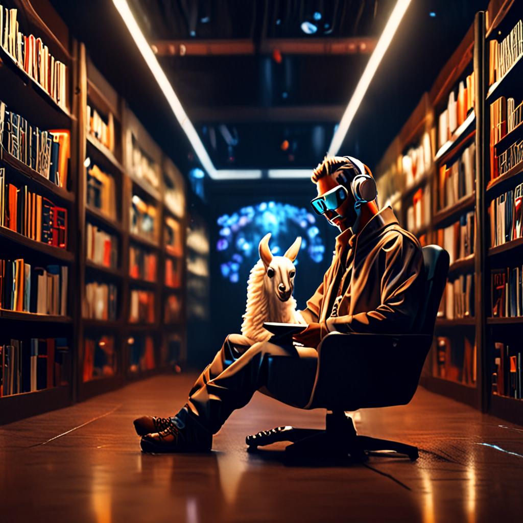 A person sitting in a futuristic library with a holographic interface displaying Llama 3 and Gemini, surrounded by books and servers A person sitting in a futuristic library with a holographic interface displaying Llama 3 and Gemini, surrounded by books and servers