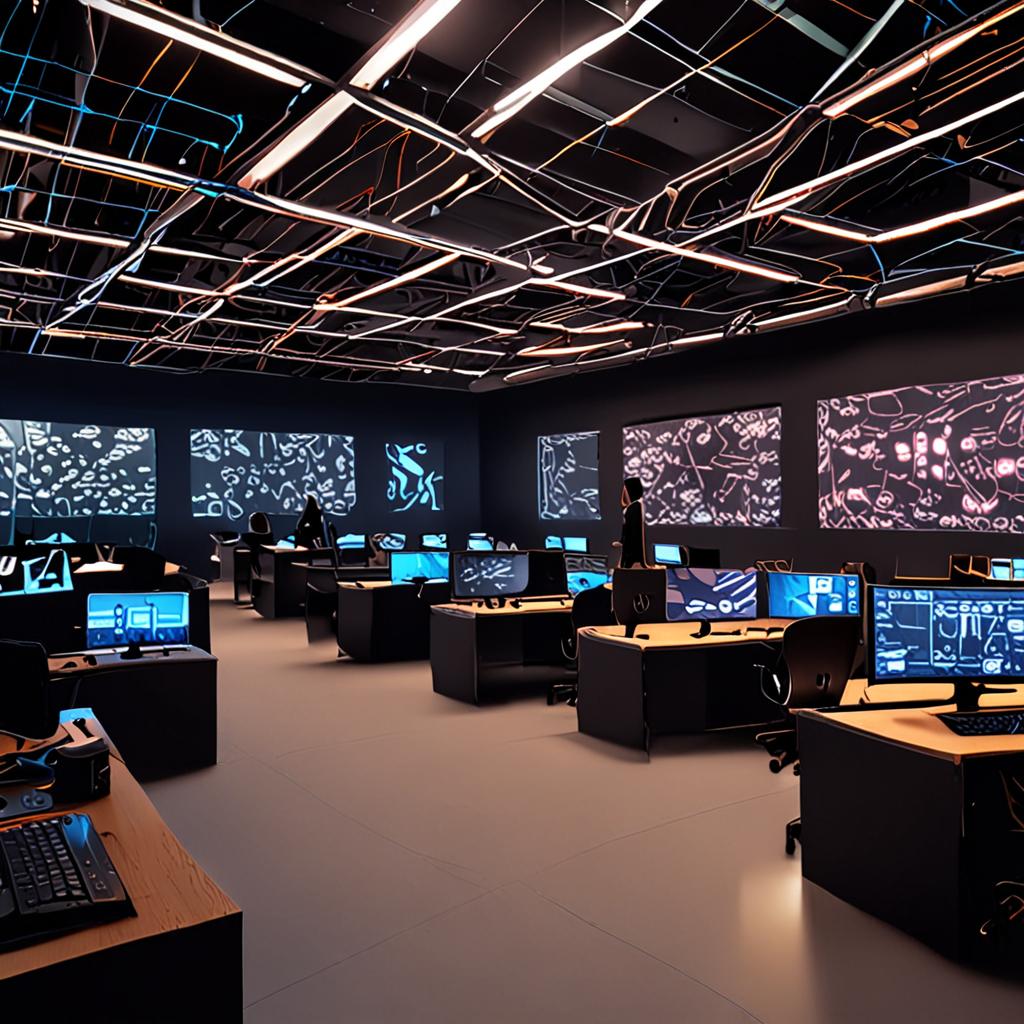 A sprawling open‑plan tech office where translucent screens display swirling code fragments, and autonomous AI agents represented as floating avatars collaborate with human developers, neon accents highlighting data flows, ultra‑realistic 8K rendering A sprawling open‑plan tech office where translucent screens display swirling code fragments, and autonomous AI agents represented as floating avatars collaborate with human developers, neon accents highlighting data flows, ultra‑realistic 8K rendering